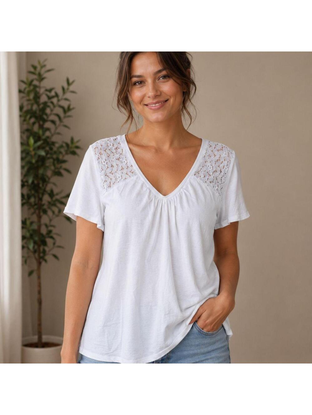 St. John's Bay White V-Neck Pullover Top With Lace.